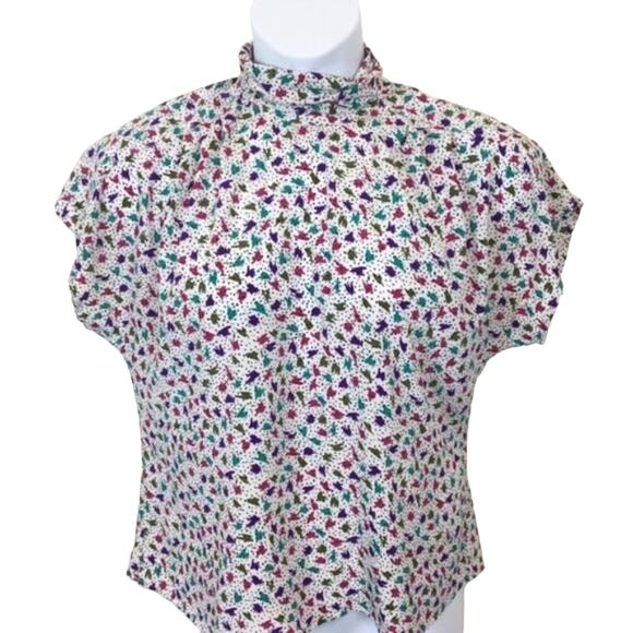 Blouse 80s Retro Secretary Career Vintage Librarian Chic High Neck Size Med - Picture 2 of 4